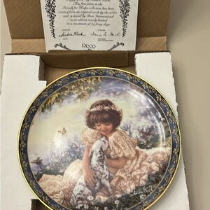 Decorative Plate with Girl and Dalmatian - Gold and Blue Accents